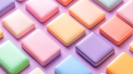 A vibrant flatlay of colorful soap bars in various pastel shades displayed on a purple background. Perfect for beauty and spa aesthetics.の素材