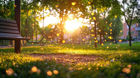 A tranquil park scene at golden hour, showcasing a swing set bathed in warm sunlight. Sparkling dust creates a magical atmosphere amidst lush grass and trees.の素材