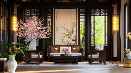 Discover an elegant Asian interior showcasing cherry blossoms, traditional furniture, and serene natural light, creating a tranquil and inviting atmosphere.の素材