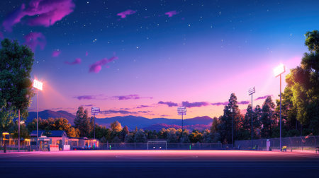 A serene soccer field under a vibrant sunset, with floodlights illuminating the scene and mountains in the background. Perfect for sports or nature themes.の素材