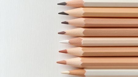 An organized arrangement of assorted colored pencils on a white background, perfect for enhancing art projects and illustrating creativity and design ideas.の素材