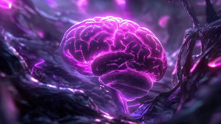A stunning neon brain surrounded by organic elements, radiating vibrant purple hues. This digital artwork represents the fusion of technology and organic life, invoking themes of connection and creativity.の素材
