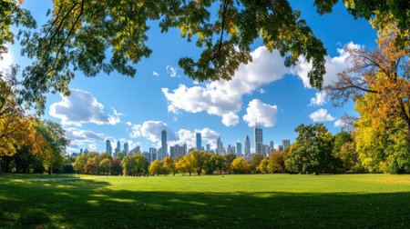 A stunning view of a vibrant urban park showcasing colorful autumn foliage against a bustling city skyline under a bright blue sky. Perfect for nature lovers.の素材