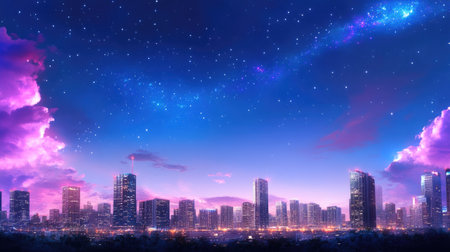 A breathtaking view of a modern city skyline at dusk, featuring vibrant clouds and stars. The scene captures the essence of urban beauty and tranquility.の素材