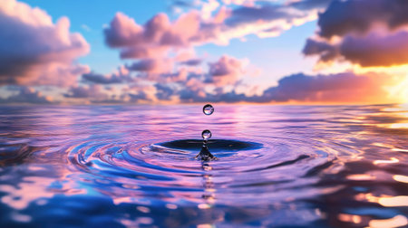 A stunning image of a water drop causing ripples on a reflective surface during a colorful sunset. The tranquil scene captures nature's beauty and serenity.の素材