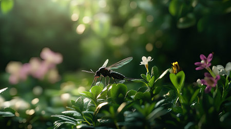 A striking close-up of a mosquito perched on lush green leaves, showcasing nature's beauty and intricate details, perfect for nature-themed projects or educational content.の素材