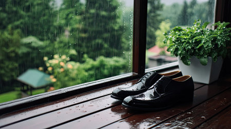 A stylish pair of black shoes rests on wet wooden flooring, with gentle raindrops visible on the window, creating a serene and cozy atmosphere.の素材