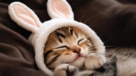 A charming cat wearing a whimsical bunny ears hat relaxes peacefully on a soft blanket, showcasing its adorable expression and cozy demeanor.の素材