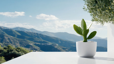 A serene potted plant placed on a table with majestic mountains in the background. The scene captures tranquility, nature, and modern design, perfect for home or office decoration.の素材