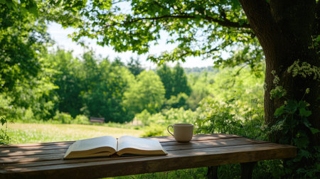 A serene outdoor scene featuring an open book on a wooden table, paired with a cup of coffee. Surrounded by vibrant green trees and a peaceful landscape, this image captures moments of relaxation and tranquility in nature.の素材