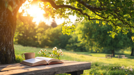A peaceful outdoor scene featuring an open book resting on a wooden table, with a steaming cup of coffee nearby, surrounded by lush greenery and warm sunlight.の素材