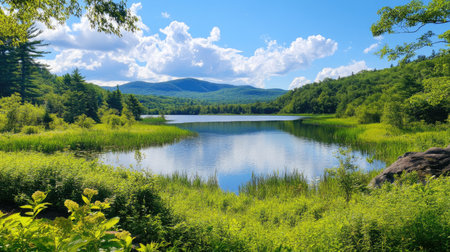 A breathtaking view of a tranquil lake surrounded by lush greenery and mountains under a bright blue sky. Perfect for nature enthusiasts and outdoor lovers.の素材