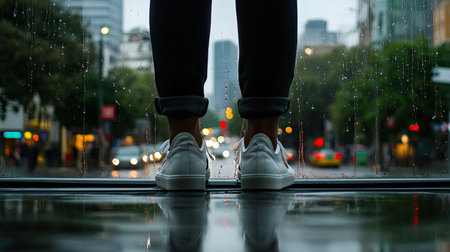 This image captures a person standing in the rain, showcasing reflections on wet streets. The atmosphere conveys a sense of solitude and tranquility.の素材