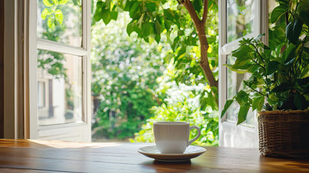 A cozy scene featuring a cup of coffee on a wooden table beside a window, surrounded by lush greenery, creating a serene and inviting atmosphere.の素材