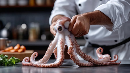 A chef skillfully prepares a fresh octopus in a modern kitchen, showcasing culinary expertise and attention to detail in this vibrant and engaging food photography scene.の素材