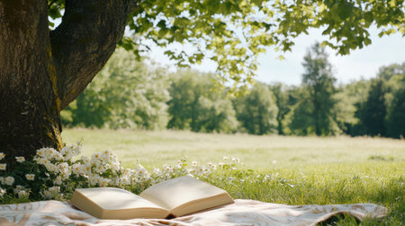 A tranquil scene featuring an open book on a soft blanket under a lush tree, surrounded by blooming flowers in a peaceful park setting. Enjoy nature and relaxation.の素材