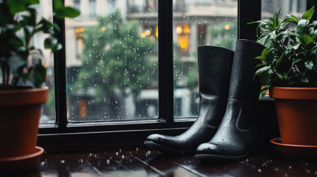 Black rubber boots rest beside a rainy window, framed by lush green plants. This serene indoor scene captures the essence of cozy moments during a rainy day.の素材