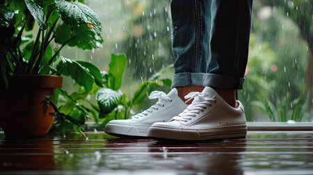 A pair of fresh white sneakers sits on a glossy wooden floor during a rainy day. Lush green plants surround the sneakers, creating a calm and stylish indoor atmosphere.の素材