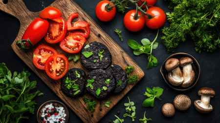 A vibrant display of fresh tomatoes, herbs, and mushrooms on a wooden board. Perfect for showcasing healthy cooking and meal preparation.の素材