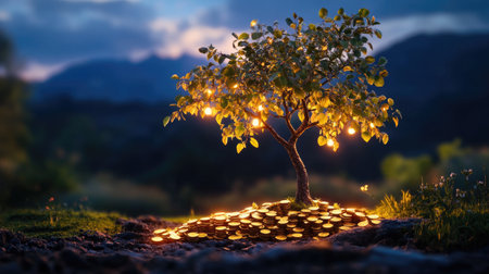 A magical tree illuminated by soft light stands atop a pile of coins, symbolizing growth and prosperity. The serene landscape adds to the enchanting atmosphere, inspiring hope and dreams.の素材