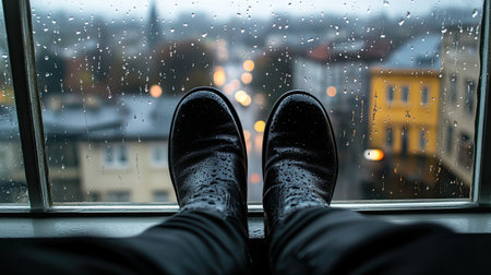 A pair of boots rests on a windowsill as rain drips down the glass, creating a cozy, reflective view of a blurred cityscape in the background.の素材
