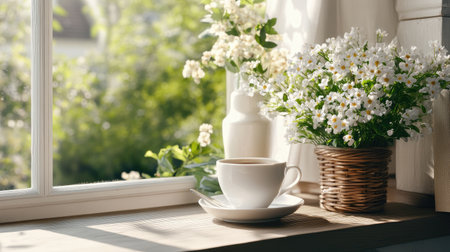 A serene coffee moment captured by a window, featuring a cup of coffee, a beautiful arrangement of flowers, and warm sunlight creating a cozy atmosphere.の素材