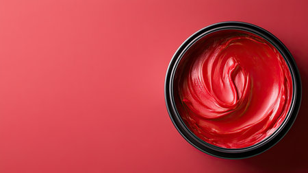 A close-up of vibrant red paint swirled in a black container, set against a smooth red surface, creating a striking and artistic composition perfect for creative projects.の素材