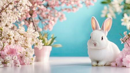 A charming white rabbit sits gracefully amid pink flowers in a vibrant spring setting, capturing the essence of innocence and nature's beauty.の素材