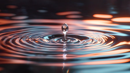 A stunning close-up of a water drop creating beautiful ripples on a serene surface. The mesmerizing colors and reflections evoke a sense of tranquility.の素材
