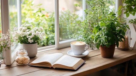 A serene reading nook featuring an open book, a steaming cup of coffee, and vibrant indoor plants beside a sunny window, inviting relaxation and comfort.の素材