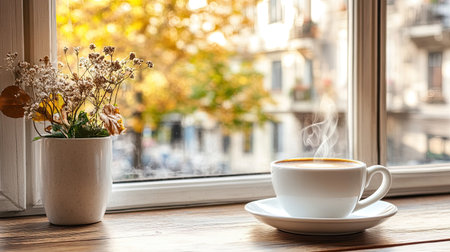 A serene autumn morning scene featuring a steaming coffee cup beside a potted flower on a window sill. Sunlight filters through, creating a cozy atmosphere.の素材