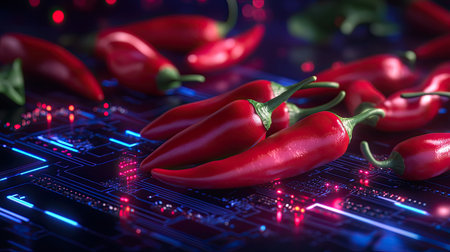 A stunning composition featuring red chili peppers placed on a futuristic circuit board. The vibrant colors create a unique blend of nature and technology, ideal for culinary and tech-themed projects.の素材