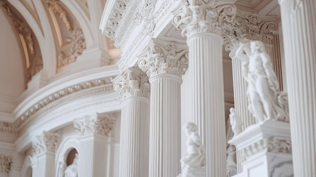 Discover the stunning details of classic columns adorned with exquisite statues. This elegant architecture showcases the beauty and craftsmanship of historic design.の素材