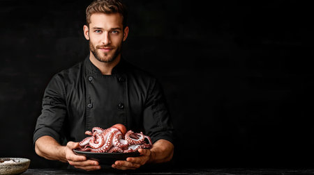 A skilled chef presents a fresh octopus dish on a dark background, showcasing culinary art and passion for seafood. The image captures vibrant colors and expert food styling.の素材