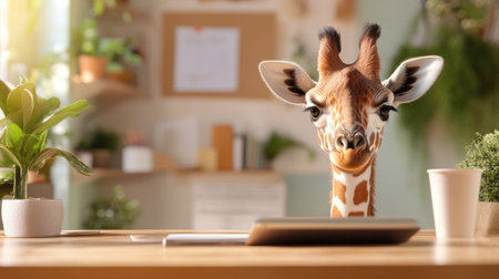 A curious giraffe peeks over a desk in a bright and modern office setting. Surrounded by plants, this playful scene brings joy and warmth to any workspace.の素材