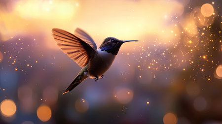 A stunning hummingbird captured mid-flight, showcasing its colorful feathers against a dreamy sunset background filled with soft sparkles. Perfect for nature lovers.の素材