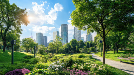 A stunning urban park featuring vibrant greenery, colorful flowers, and a modern skyline. This tranquil scene invites relaxation and connection with nature.の素材