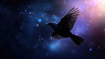A stunning silhouette of a bird in flight against a cosmic backdrop filled with stars and vibrant colors. This image captures the essence of freedom and exploration in a magical atmosphere.の素材