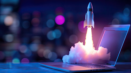 A striking image of a rocket launching from a laptop, symbolizing innovation and growth. This visual combines technology and creativity, perfect for illustrating forward-thinking concepts.の素材