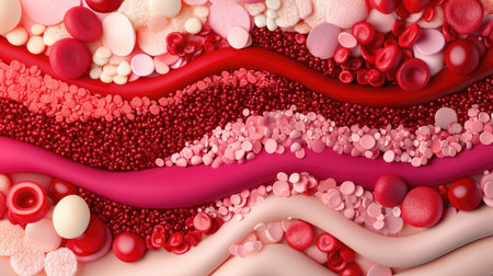 This vibrant abstract image showcases a variety of blood cells and vessels rendered in striking red and pink hues. Ideal for scientific and medical projects.の素材
