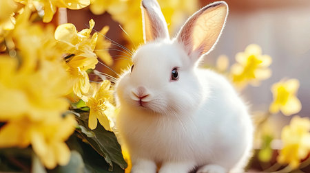 A charming white rabbit sits peacefully among vibrant yellow flowers, capturing the essence of spring. This delightful scene symbolizes innocence and joy in nature.の素材
