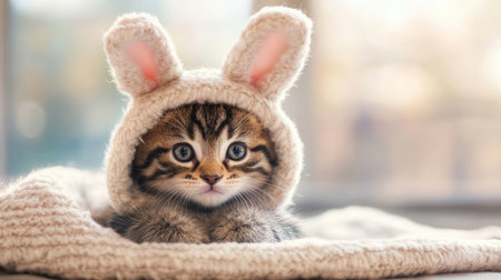 An adorable kitten dressed in a bunny hat rests on a cozy blanket, radiating charm and innocence in a warm indoor setting. Perfect for pet lovers!の素材