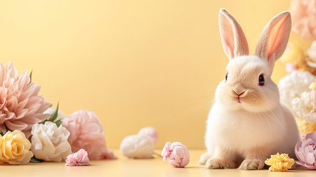 A sweet white bunny sits gracefully among vibrant flowers on a yellow backdrop, embodying springtime joy and innocence, perfect for various projects.の素材