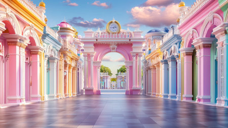 Experience a vibrant architectural scene filled with pastel colors, intricate details, and enchanting landscapes perfect for fantasy lovers and travelers.の素材
