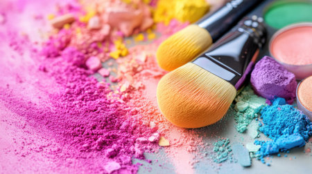 A colorful arrangement of cosmetic powders and brushes showcases vibrant pigments perfect for any beauty routine or artistic endeavor. Ideal for makeup enthusiasts.の素材