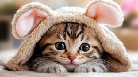A lovable kitten with big expressive eyes peeks out from a cozy hoodie, exuding charm and warmth. This furry friend captivates with its adorable innocence and soft fur.の素材