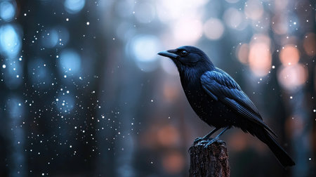A striking black bird sits gracefully on a tree stump amidst falling snow, capturing the serene beauty of winter in a forest setting. Perfect for nature lovers.の素材