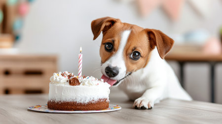 Adorable dog eagerly enjoys a birthday cake adorned with a candle, showcasing a joyful moment in a cozy indoor setting perfect for celebrations.の素材
