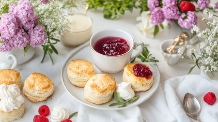 Delight in an inviting spread featuring freshly baked scones served with jam and cream, beautifully surrounded by vibrant flowers for a cozy atmosphere.の素材