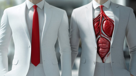 A captivating blend of fashion and human anatomy featuring two models in suits with an exposed organ view. This artwork explores the relationship between style and biology.の素材
